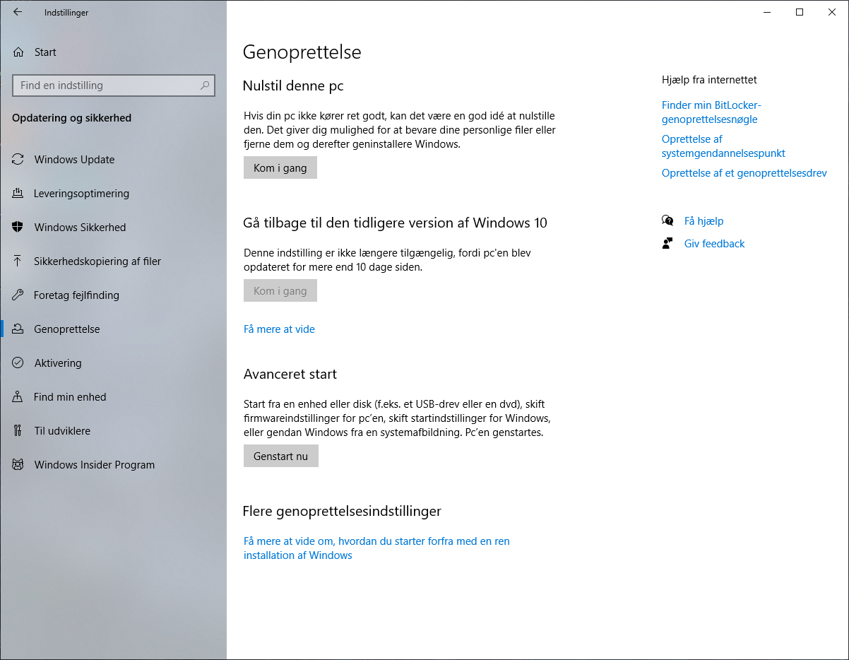 Genoprettelse på Windows 10
